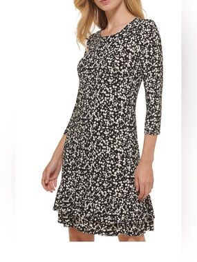 Tommy Hilfiger Black Dress with White Floral Print and Ruffle Hem
